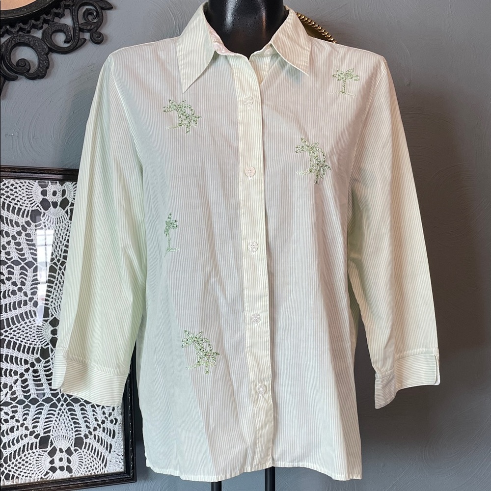 Alfred Dunner Pale Mint Embroidered Button-Down Shirt 3/4 sleeve
